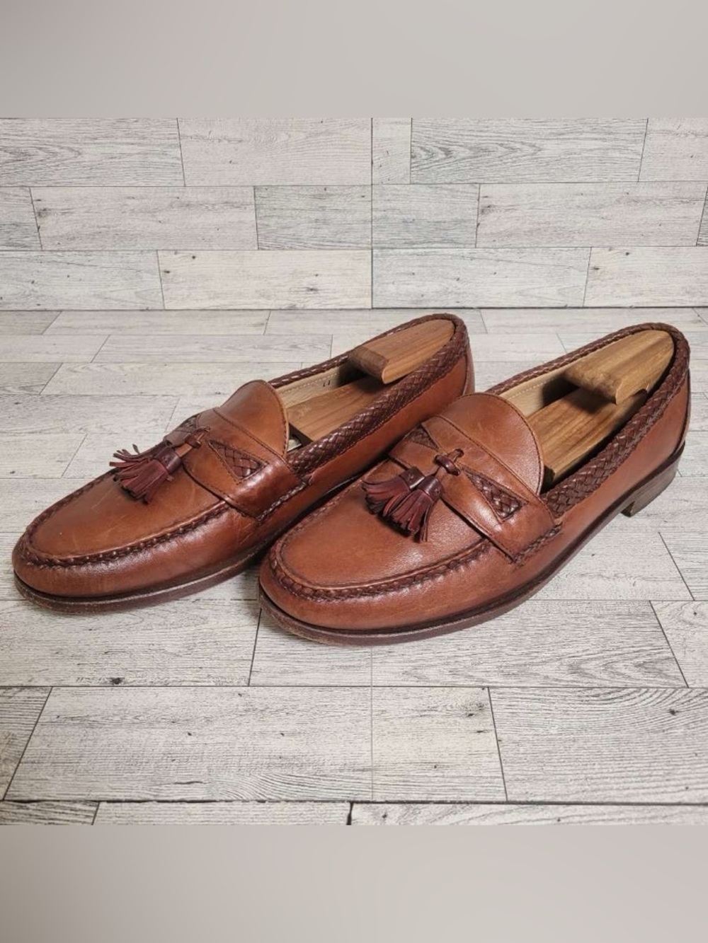 Men’s Allen Edmonds Maxfield Brown Leather Tassel Woven Loafers Shoes Size 11